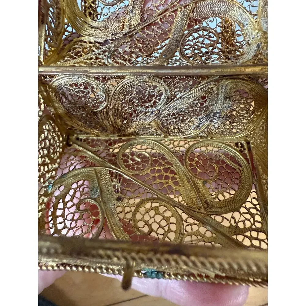 Vintage miniature filigree gold tone‎ chest trunk collectible jewelry box